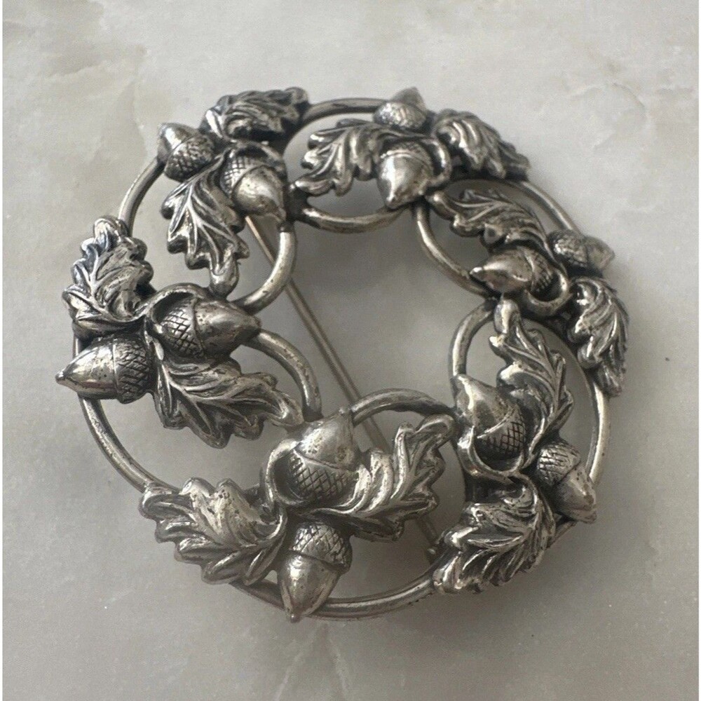 Vintage Danecraft Sterling Silver Acorn Oak Leaf Wreath Brooch Pin 1940s Signed